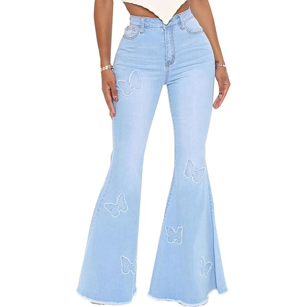 Amazon.com: Bell Bottom Jeans for Women Butterfly Embroidery High